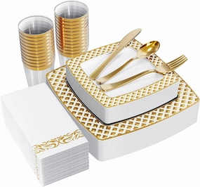 FOCUSLINE 175 Ct Gold Dinnerware Set for 25 Guests - Square Plastic Plates with Diamond Rim, Including 25 Disposable Dinner & Dessert Plates, Napkins, Cups, Cutlery
