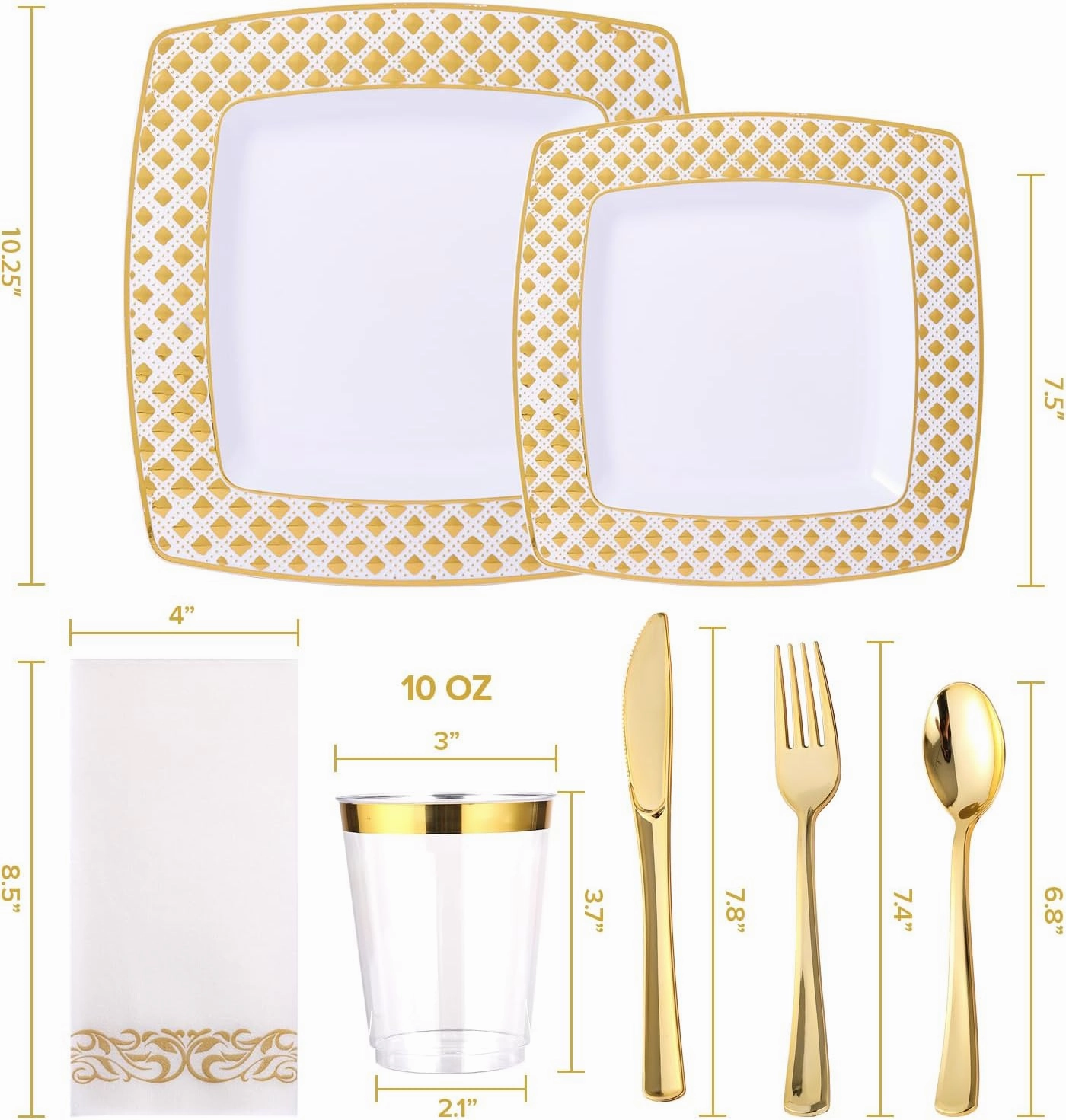 FOCUSLINE 175 Ct Gold Dinnerware Set for 25 Guests - Square Plastic Plates with Diamond Rim, Including 25 Disposable Dinner & Dessert Plates, Napkins, Cups, Cutlery