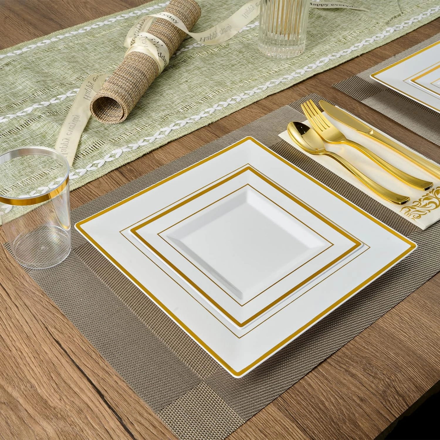 FOCUSLINE 175 Ct Gold Dinnerware Set for 25 Guests - Square Plastic Plates with Gold Rim, Includes 25 Disposable Dinner & Dessert Plates, Napkins, Cups, Cutlery Set for Wedding Parties