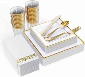 FOCUSLINE 175 Ct Gold Dinnerware Set for 25 Guests - Square Plastic Plates with Gold Rim, Includes 25 Disposable Dinner & Dessert Plates, Napkins, Cups, Cutlery Set for Wedding Parties