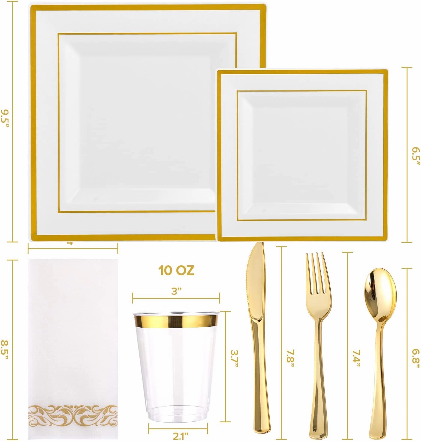 FOCUSLINE 175 Ct Gold Dinnerware Set for 25 Guests - Square Plastic Plates with Gold Rim, Includes 25 Disposable Dinner & Dessert Plates, Napkins, Cups, Cutlery Set for Wedding Parties