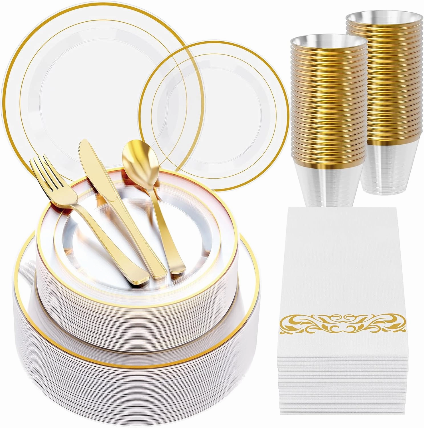 FOCUSLINE 350 Ct Clear Gold Dinnerware Set for 50 Guests - Gold Rimmed Clear Disposable Plastic Plates, Includes 50 Dinner & Salad Plates, Cups, Cutlery Set for Wedding Parties