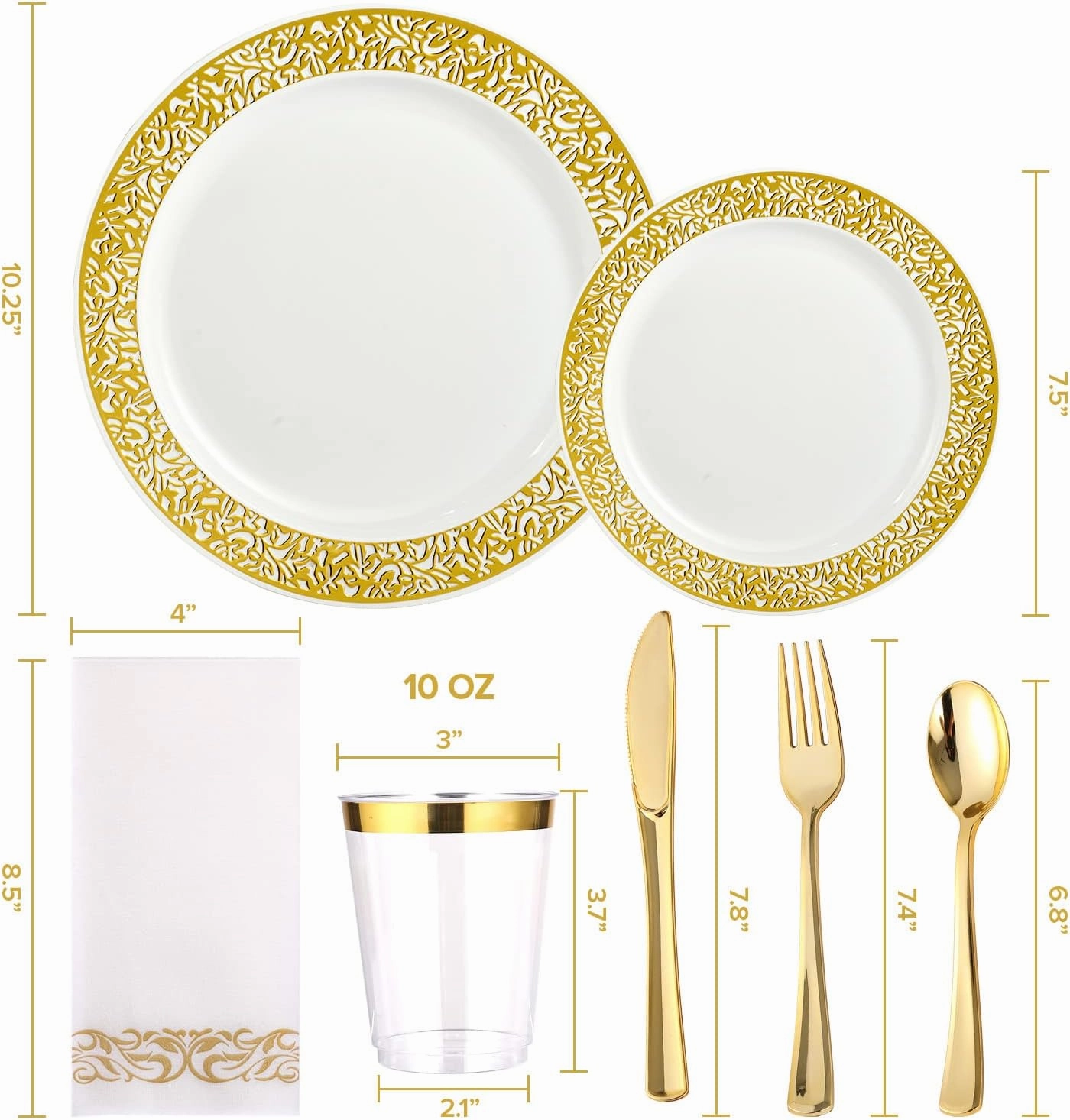 FOCUSLINE 350 Ct Gold Dinnerware Set for 50 Guests, Gold Lace Plastic Plates Disposable Heavy Duty, Including 50 Dinner & Dessert Plates, Cups, Napkins, Cutlery Set