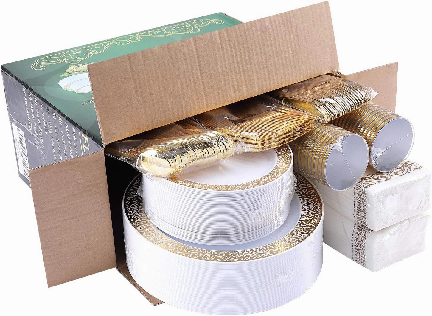 FOCUSLINE 350 Ct Gold Dinnerware Set for 50 Guests, Gold Lace Plastic Plates Disposable Heavy Duty, Including 50 Dinner & Dessert Plates, Cups, Napkins, Cutlery Set