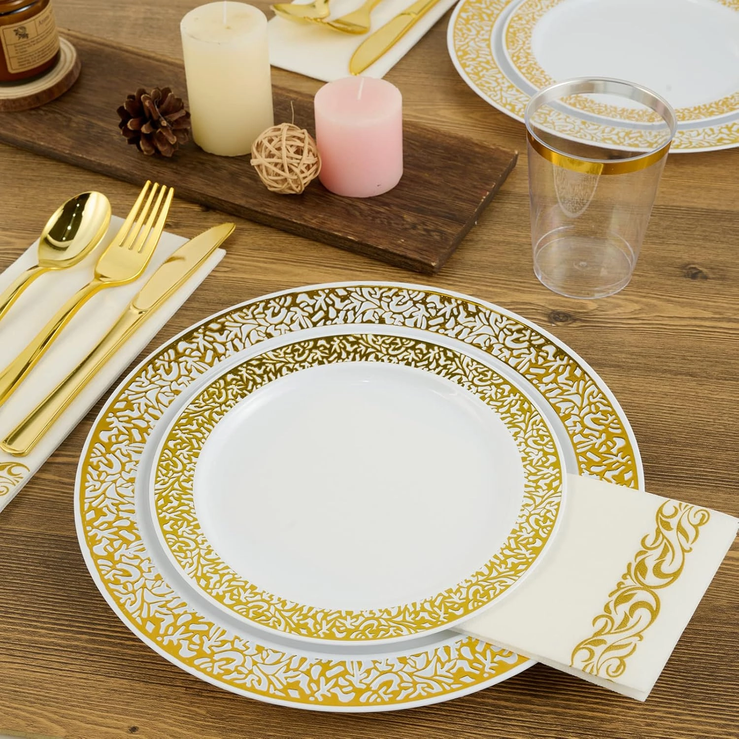 FOCUSLINE 350 Ct Gold Dinnerware Set for 50 Guests, Gold Lace Plastic Plates Disposable Heavy Duty, Including 50 Dinner & Dessert Plates, Cups, Napkins, Cutlery Set