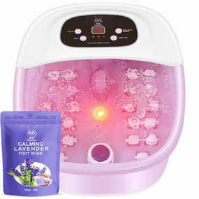 Foot Spa Bath Massager with Heat Bubbles and Vibration Massage and Jets, 16 OZ Calming Lavender Foot Soak Epsom Salt, Foot Soaker with Red Light, 22 Massage Rollers, Adjustable Temp - Pink