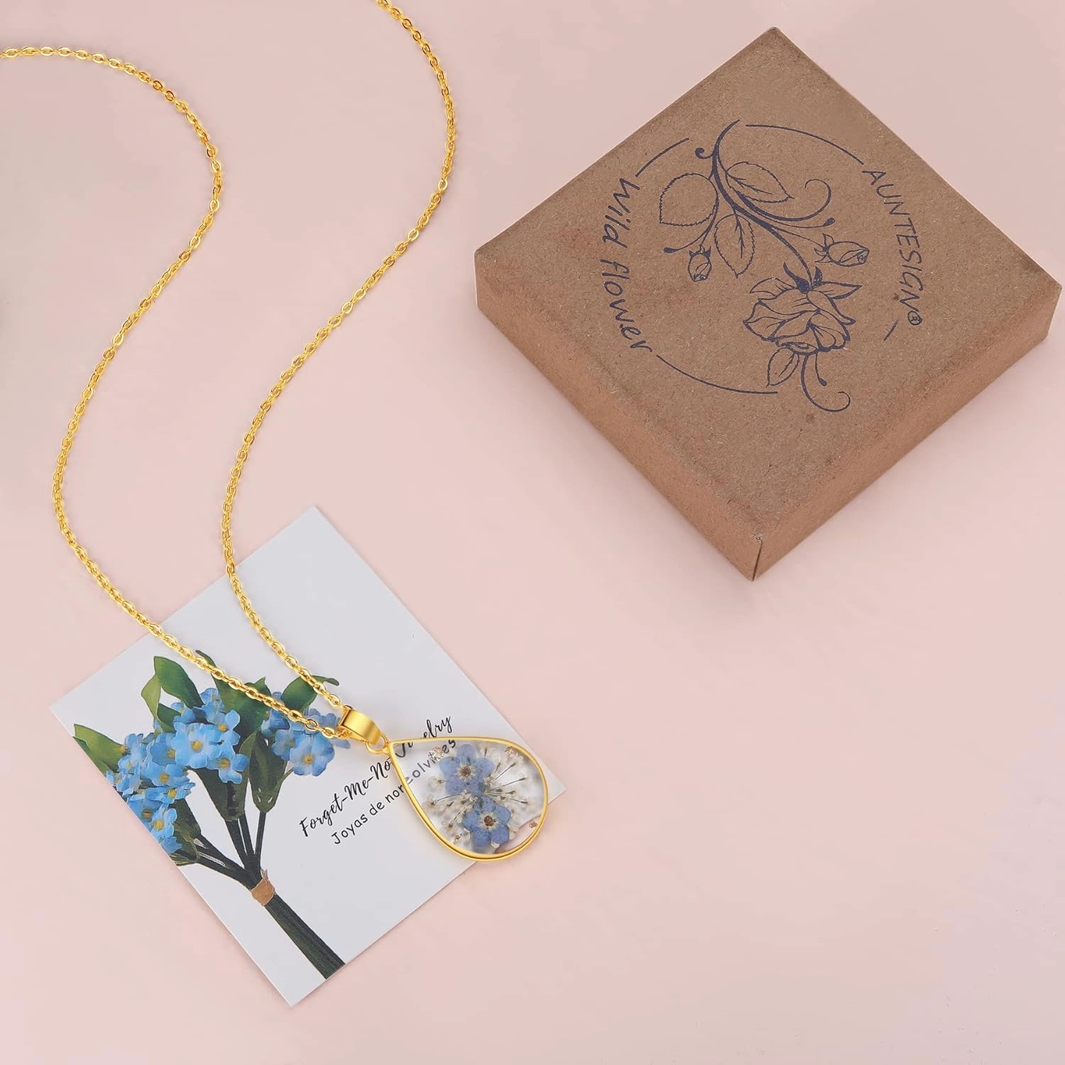 Forget-Me-Not and Queen Anne's Lace Pressed Wildflower Necklace | Teardrop Pendant Necklace | Gold Pressed Flower Necklace | Handmade Necklaces Gift For Women | Alaska State Flower Necklace | 18”