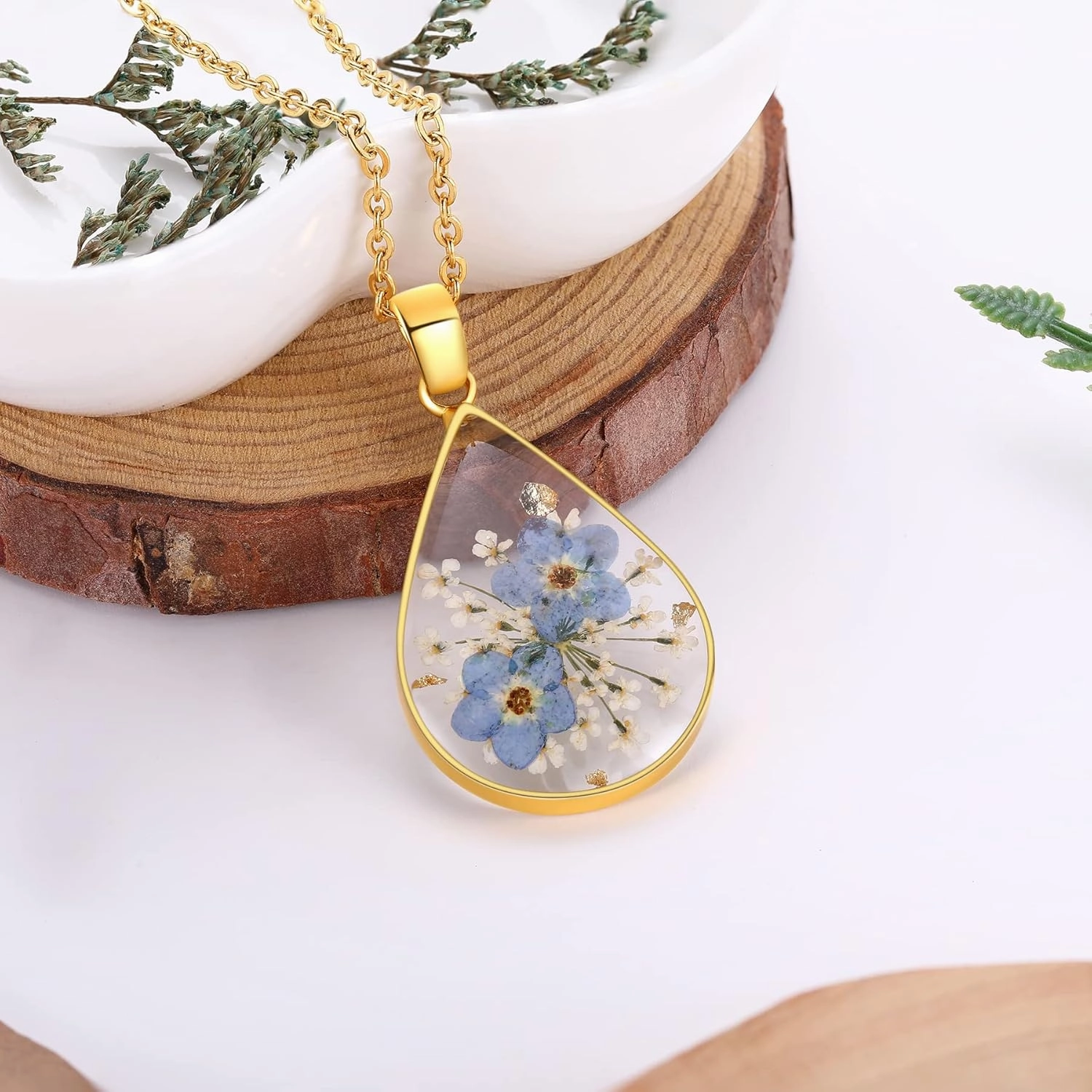 Forget-Me-Not and Queen Anne's Lace Pressed Wildflower Necklace | Teardrop Pendant Necklace | Gold Pressed Flower Necklace | Handmade Necklaces Gift For Women | Alaska State Flower Necklace | 18”