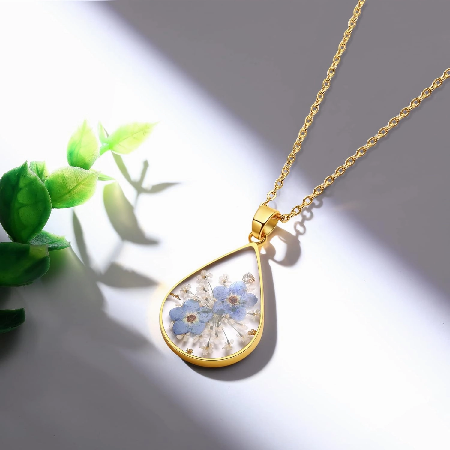 Forget-Me-Not and Queen Anne's Lace Pressed Wildflower Necklace | Teardrop Pendant Necklace | Gold Pressed Flower Necklace | Handmade Necklaces Gift For Women | Alaska State Flower Necklace | 18”