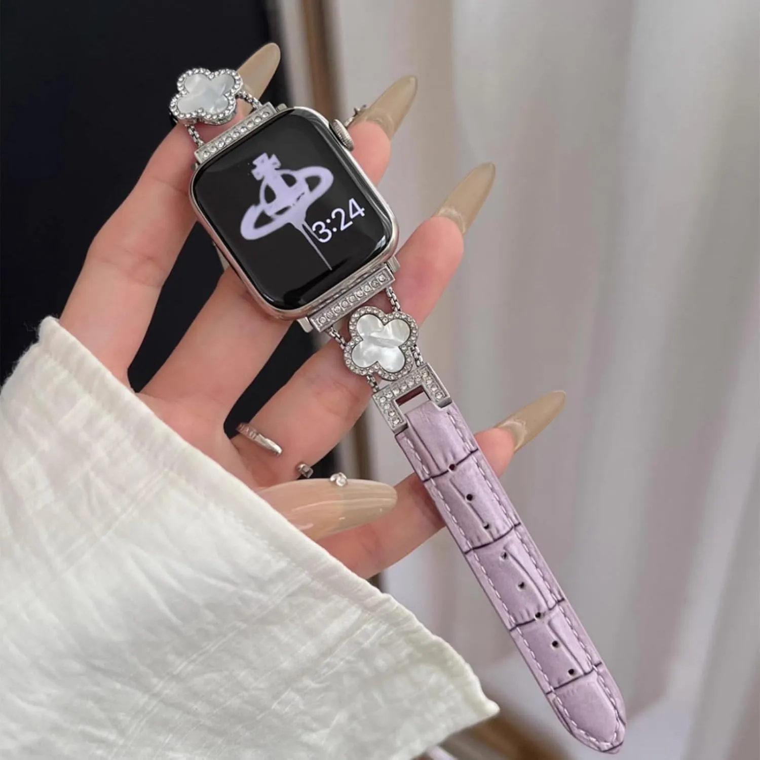 Four-Leaf Clover Thin Leather Bands Compatible with Apple Watch Bands 42mm 41mm 40mm 38mm,Alligator Leather Bracelet for Apple Watch Watch Series 10 9 8 7 6 5 4 3 2 1 SE Ultra for Women