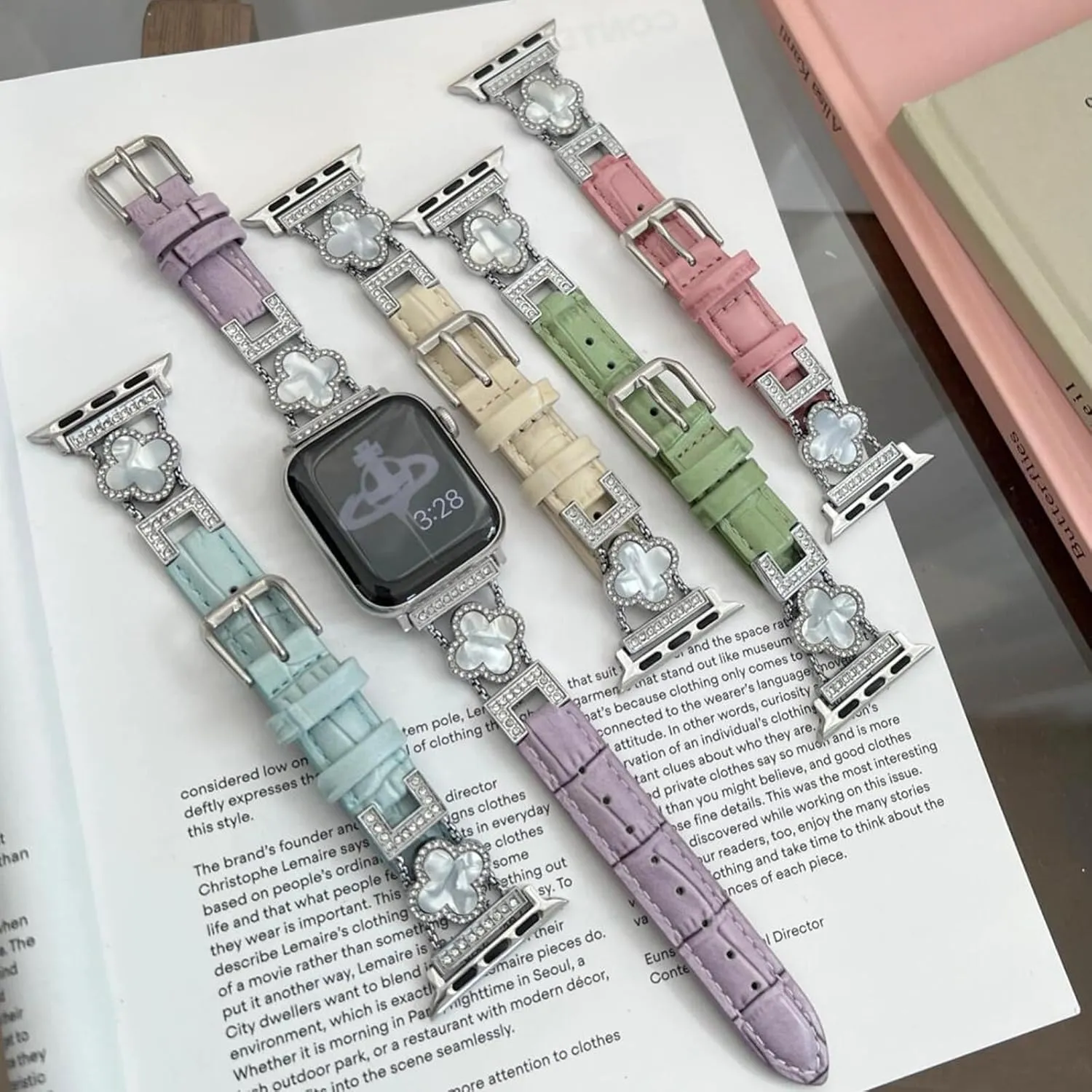 Four-Leaf Clover Thin Leather Bands Compatible with Apple Watch Bands 42mm 41mm 40mm 38mm,Alligator Leather Bracelet for Apple Watch Watch Series 10 9 8 7 6 5 4 3 2 1 SE Ultra for Women