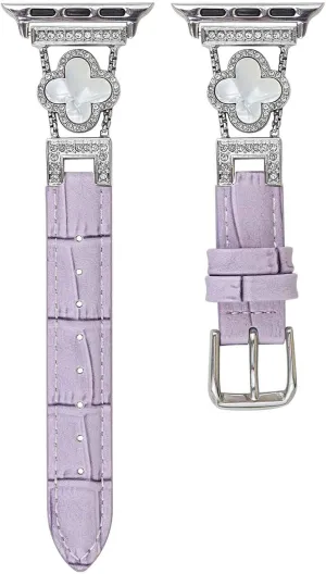 Four-Leaf Clover Thin Leather Bands Compatible with Apple Watch Bands 42mm 41mm 40mm 38mm,Alligator Leather Bracelet for Apple Watch Watch Series 10 9 8 7 6 5 4 3 2 1 SE Ultra for Women