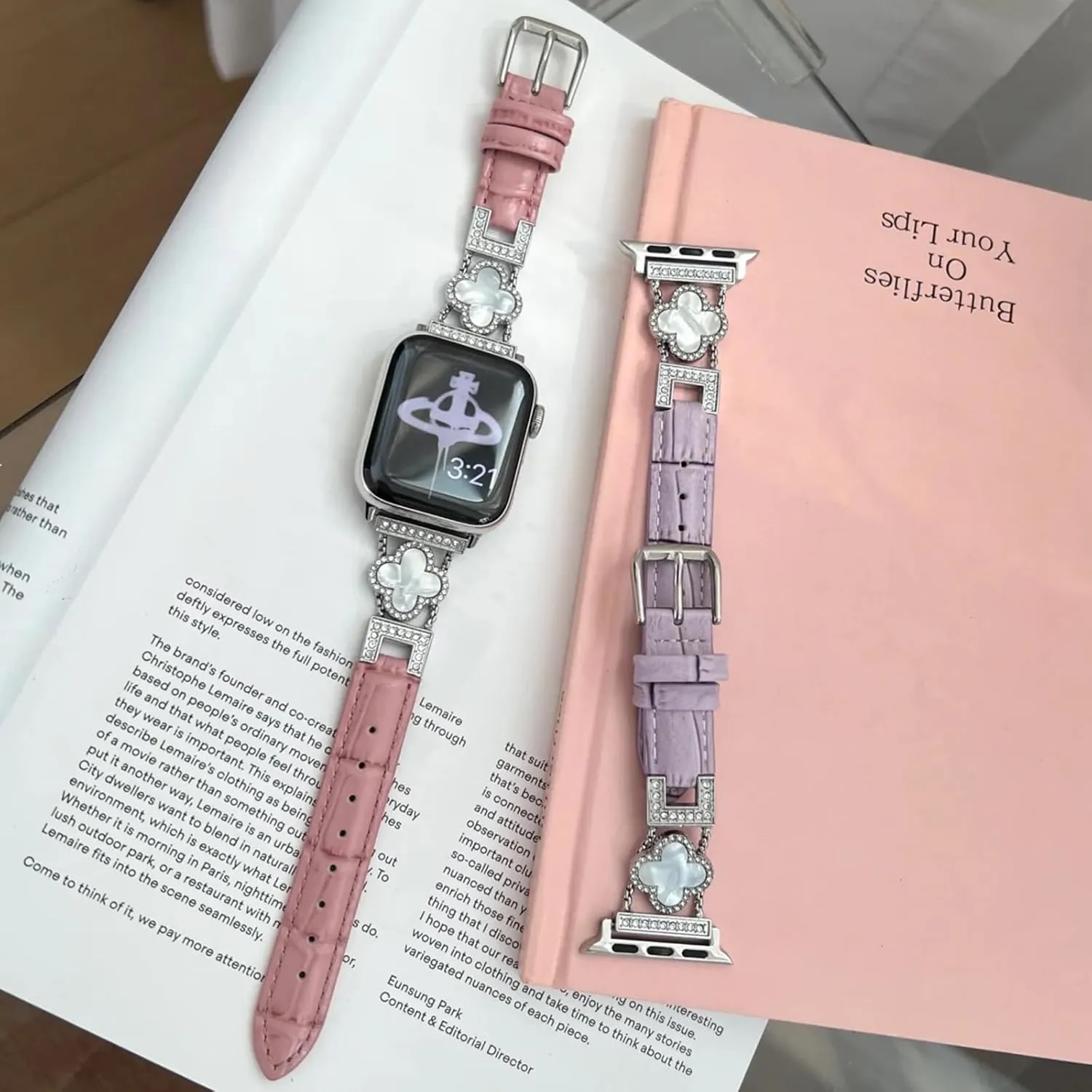 Four-Leaf Clover Thin Leather Bands Compatible with Apple Watch Bands 42mm 41mm 40mm 38mm,Alligator Leather Bracelet for Apple Watch Watch Series 10 9 8 7 6 5 4 3 2 1 SE Ultra for Women