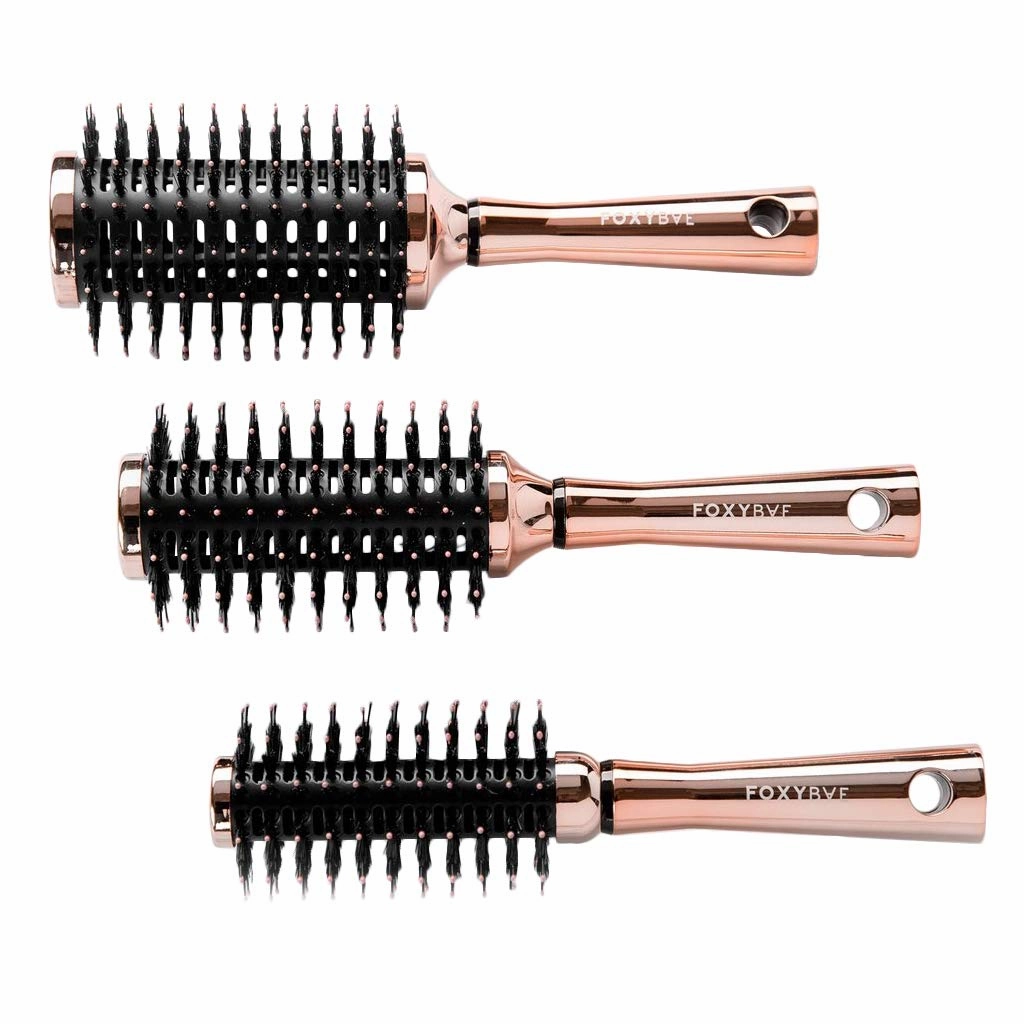 FoxyBae Hair Brush Set - Round Detangler for All Hair Types - Professional Volumizer & Styling Brushes with Vented Barrel - Boar & Nylon Bristles - (Rose Gold)