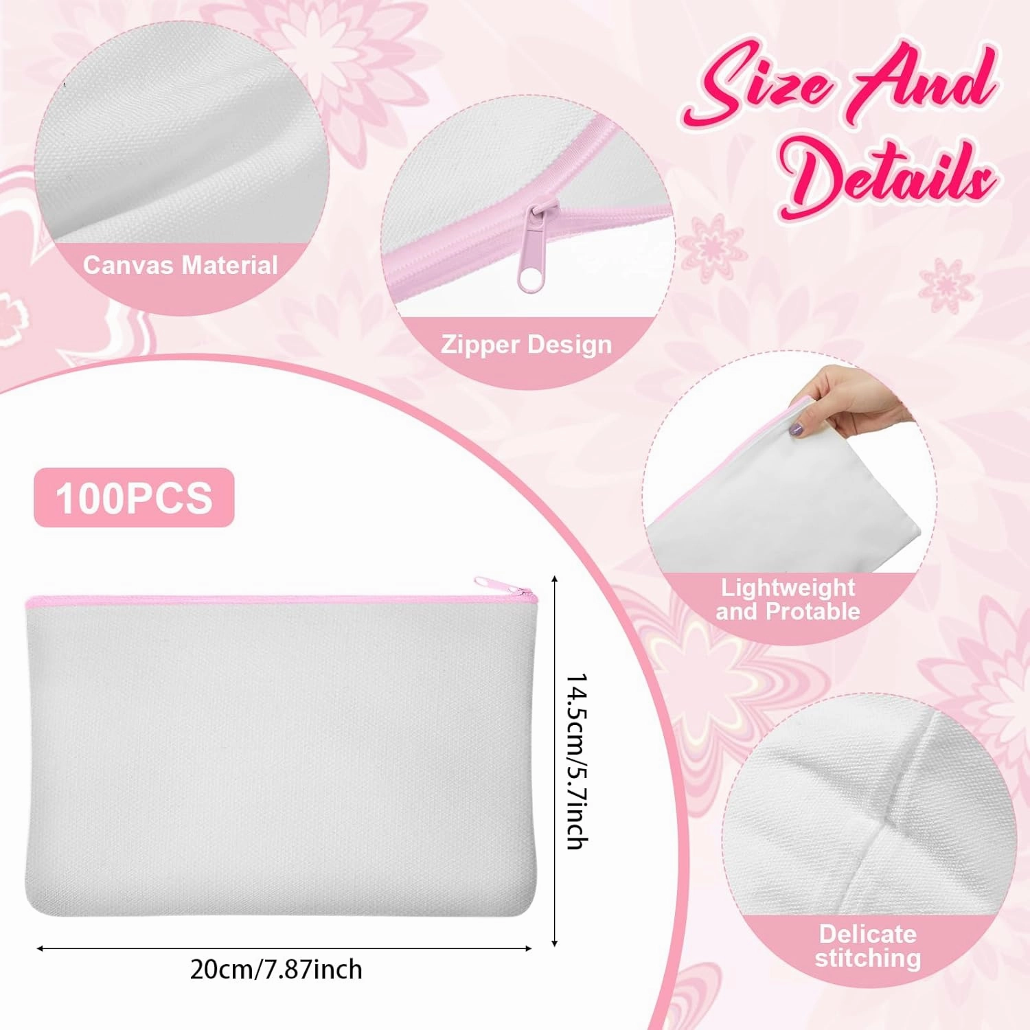 Frienda 100 Pcs Sublimation Blank Canvas Makeup Bags Bulk DIY Heat Transfer Canvas Pen Case Pencil Cosmetic Makeup Bags Clear Sublimation Blank Pouch with Zipper (7.87 x 5.7 Inch,Pink)