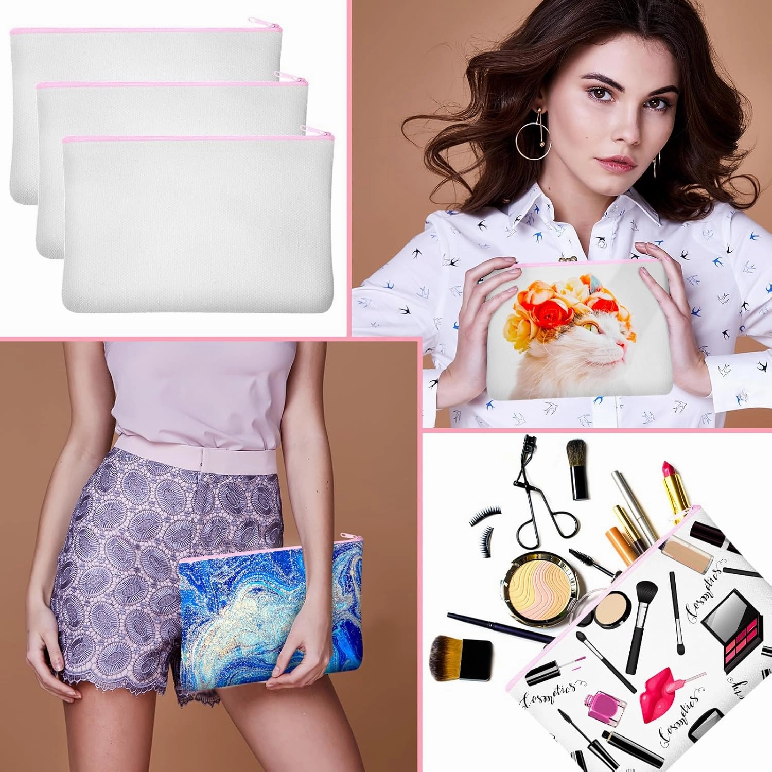 Frienda 100 Pcs Sublimation Blank Canvas Makeup Bags Bulk DIY Heat Transfer Canvas Pen Case Pencil Cosmetic Makeup Bags Clear Sublimation Blank Pouch with Zipper (7.87 x 5.7 Inch,Pink)