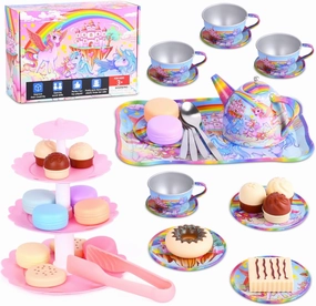 FUQUN 42Pcs Tea Set for Little Girls, Pretend Play Tin Teapot Set, Kids Party Set with Teapot, Dishes & Dessert, Gifts for 3-6 Year Old Girls, Princess Tea Party Play Toy