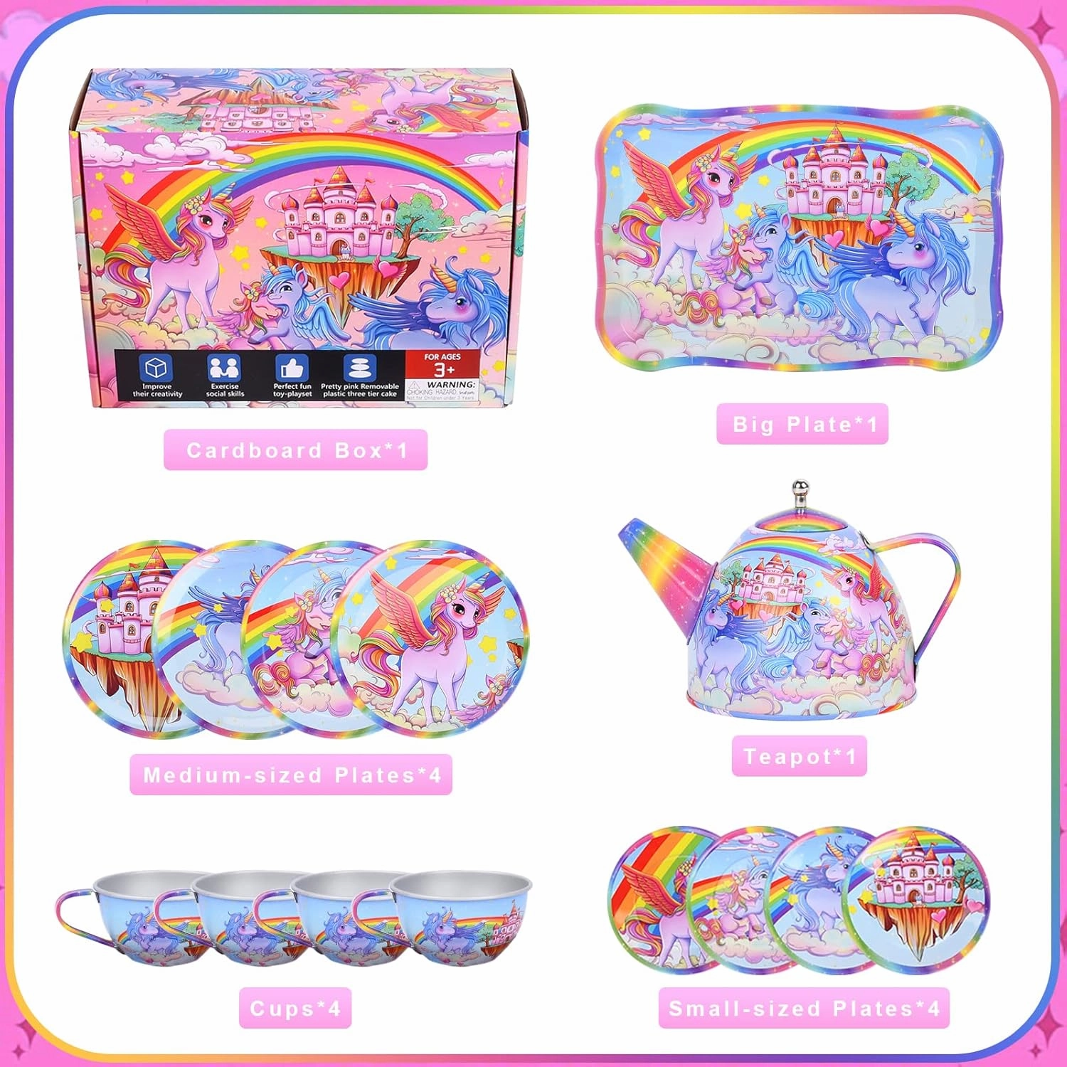 FUQUN 42Pcs Tea Set for Little Girls, Pretend Play Tin Teapot Set, Kids Party Set with Teapot, Dishes & Dessert, Gifts for 3-6 Year Old Girls, Princess Tea Party Play Toy