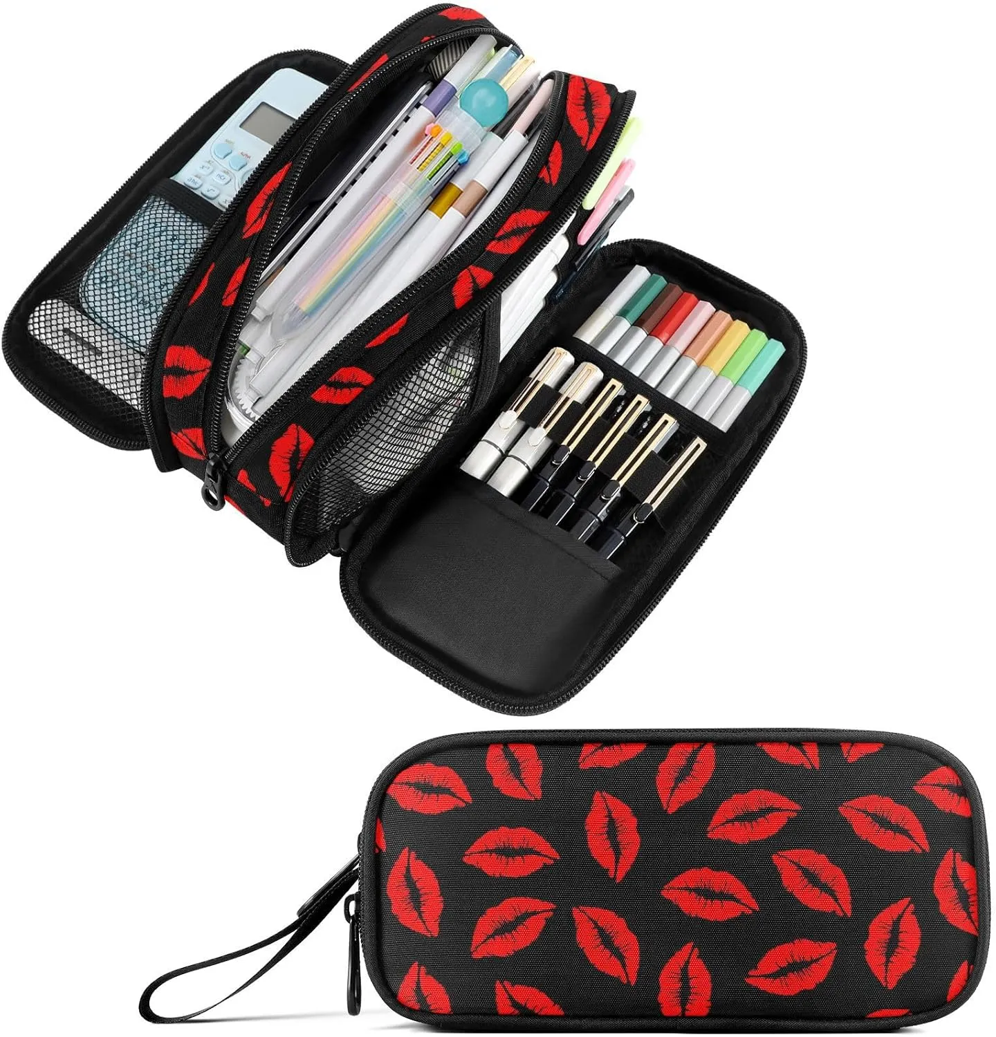 Fustylead Red Lipstick Kiss Big Capacity Pencil Pen Case Multi-Purpose Organizer for Office College School Hiking Travel