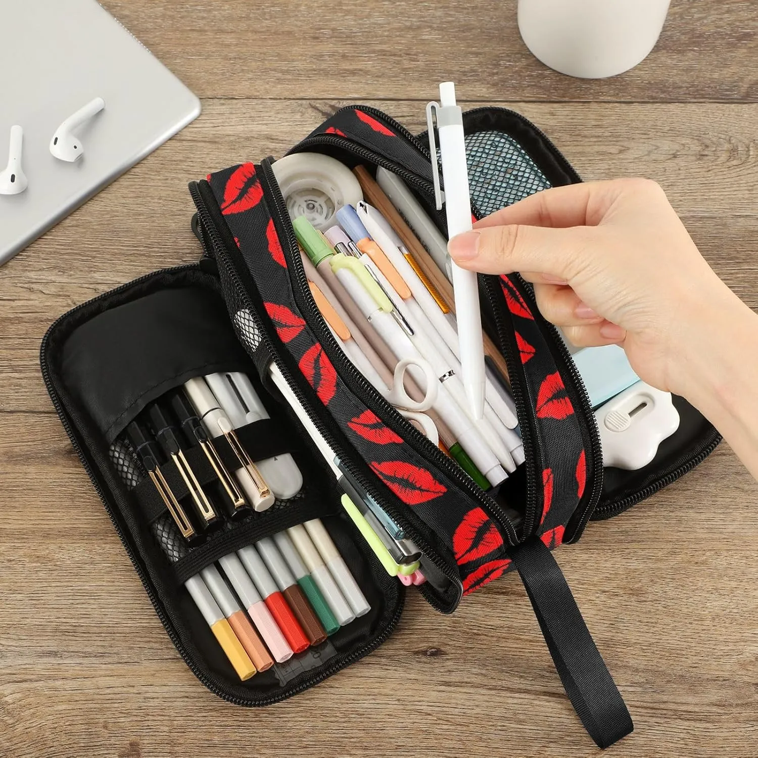 Fustylead Red Lipstick Kiss Big Capacity Pencil Pen Case Multi-Purpose Organizer for Office College School Hiking Travel