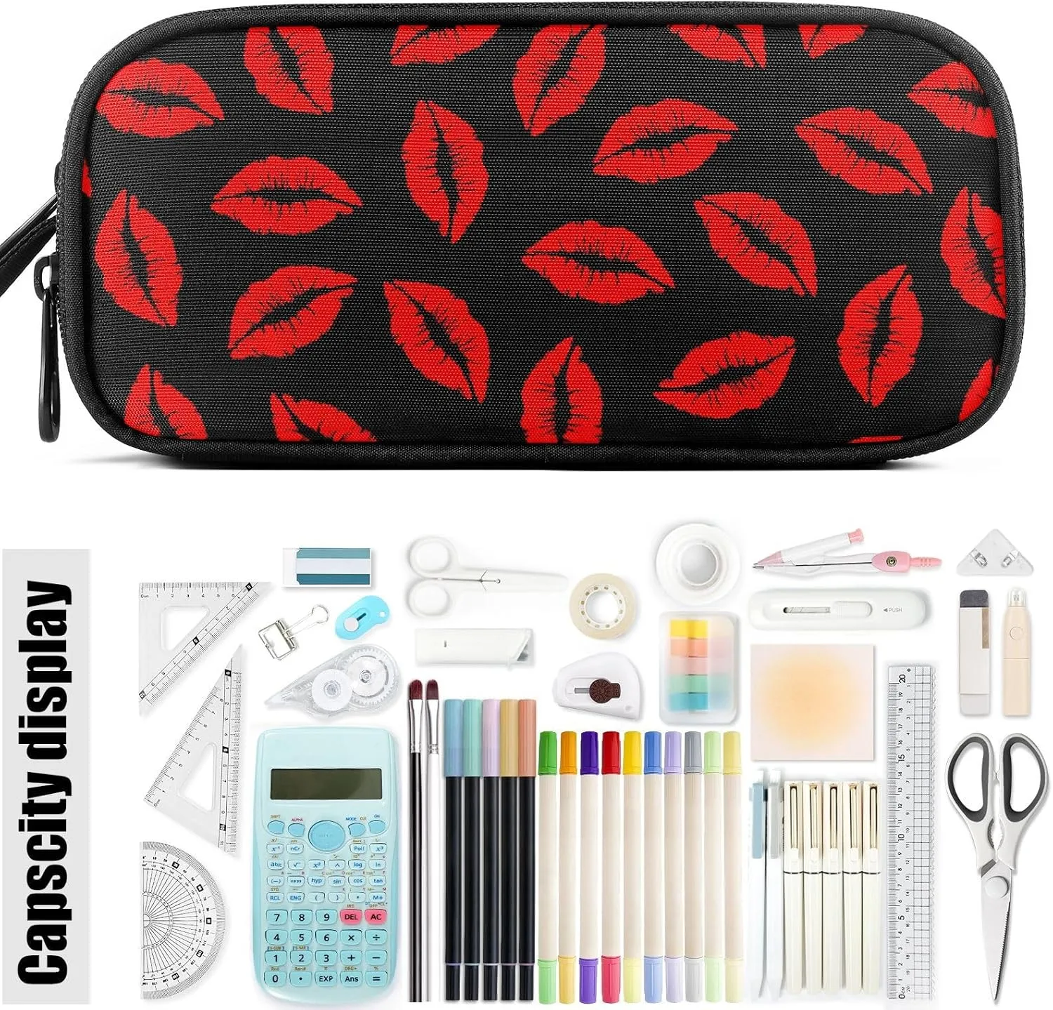 Fustylead Red Lipstick Kiss Big Capacity Pencil Pen Case Multi-Purpose Organizer for Office College School Hiking Travel