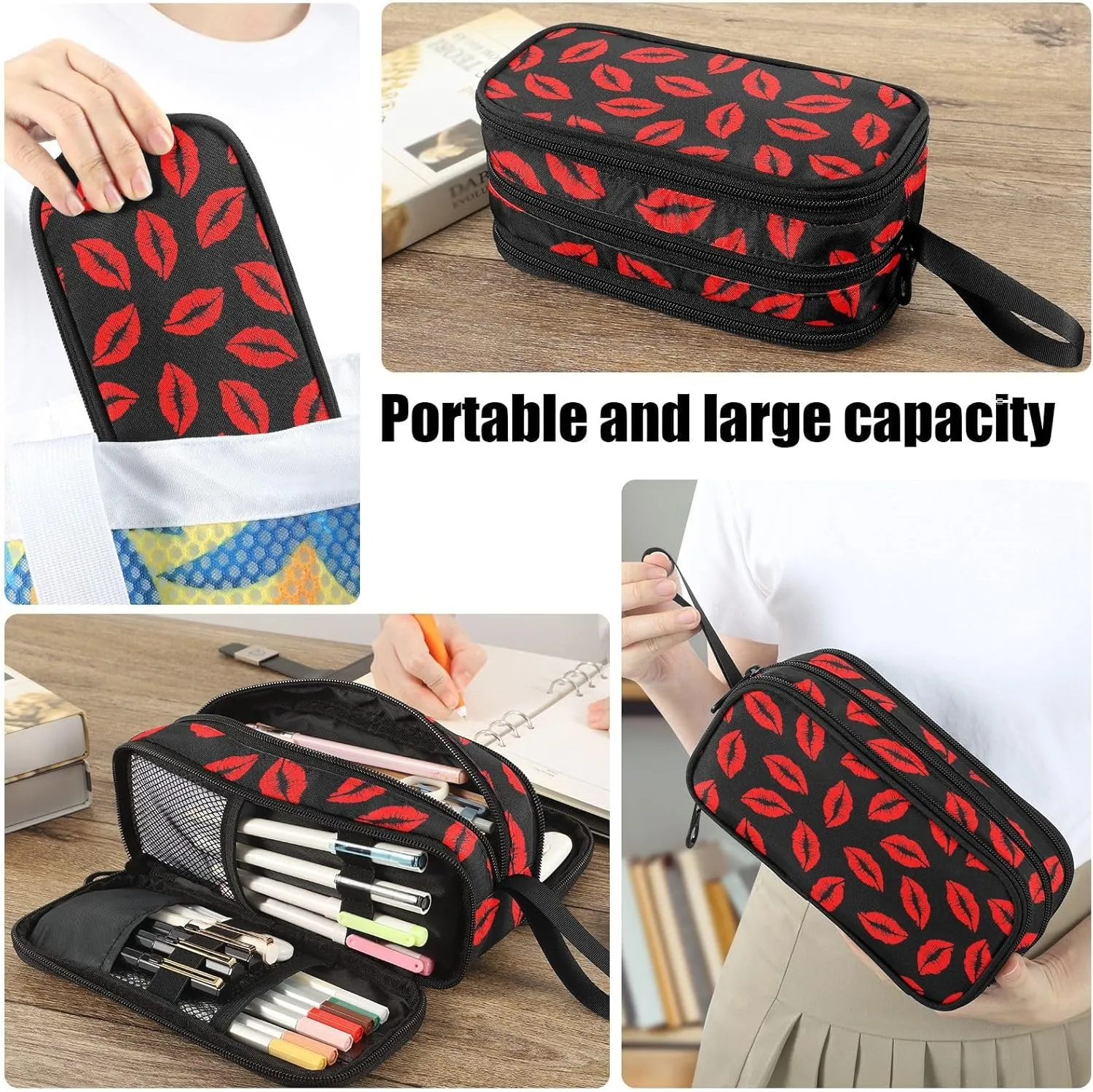 Fustylead Red Lipstick Kiss Big Capacity Pencil Pen Case Multi-Purpose Organizer for Office College School Hiking Travel
