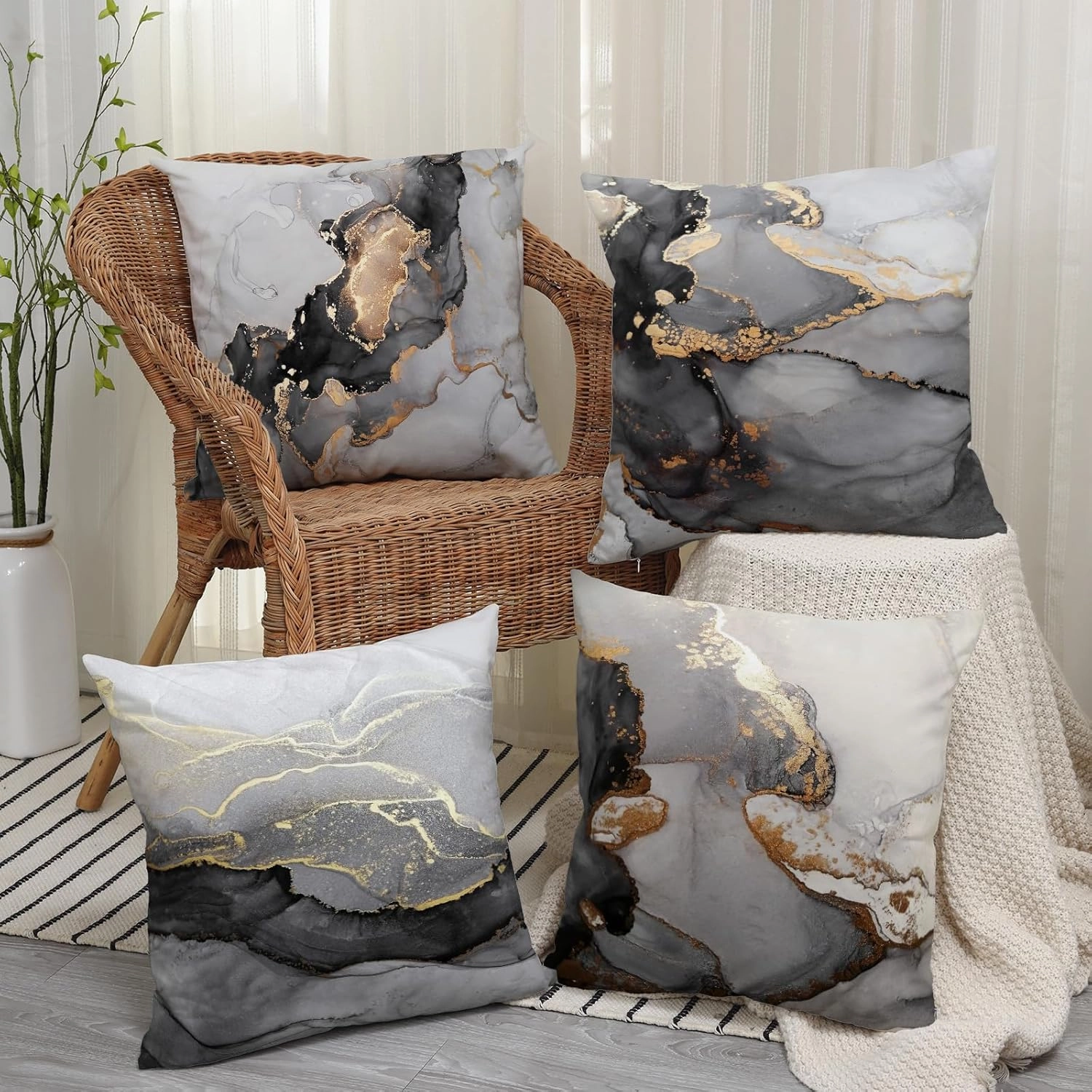 GALMAXS7 Marble Texture Black and Gold Silver Decorative Throw Pillow Covers Luxury Abstract Fluid Art Ink Soft Velvet Pillow Case Square Cushion Covers for Couch Living Room 18 x 18 Inch Set of 4
