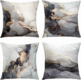 GALMAXS7 Marble Texture Black and Gold Silver Decorative Throw Pillow Covers Luxury Abstract Fluid Art Ink Soft Velvet Pillow Case Square Cushion Covers for Couch Living Room 18 x 18 Inch Set of 4