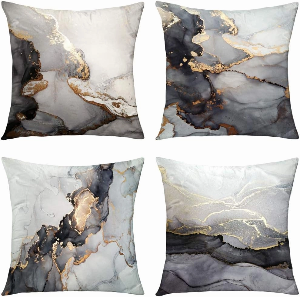 GALMAXS7 Marble Texture Black and Gold Silver Decorative Throw Pillow Covers Luxury Abstract Fluid Art Ink Soft Velvet Pillow Case Square Cushion Covers for Couch Living Room 18 x 18 Inch Set of 4