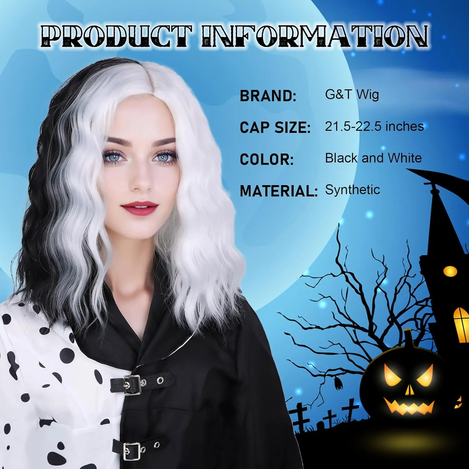 G&T Wig Black and White Wigs for Women's Costume Side Part Half Black Half White Wigs for Halloween Cosplay Party