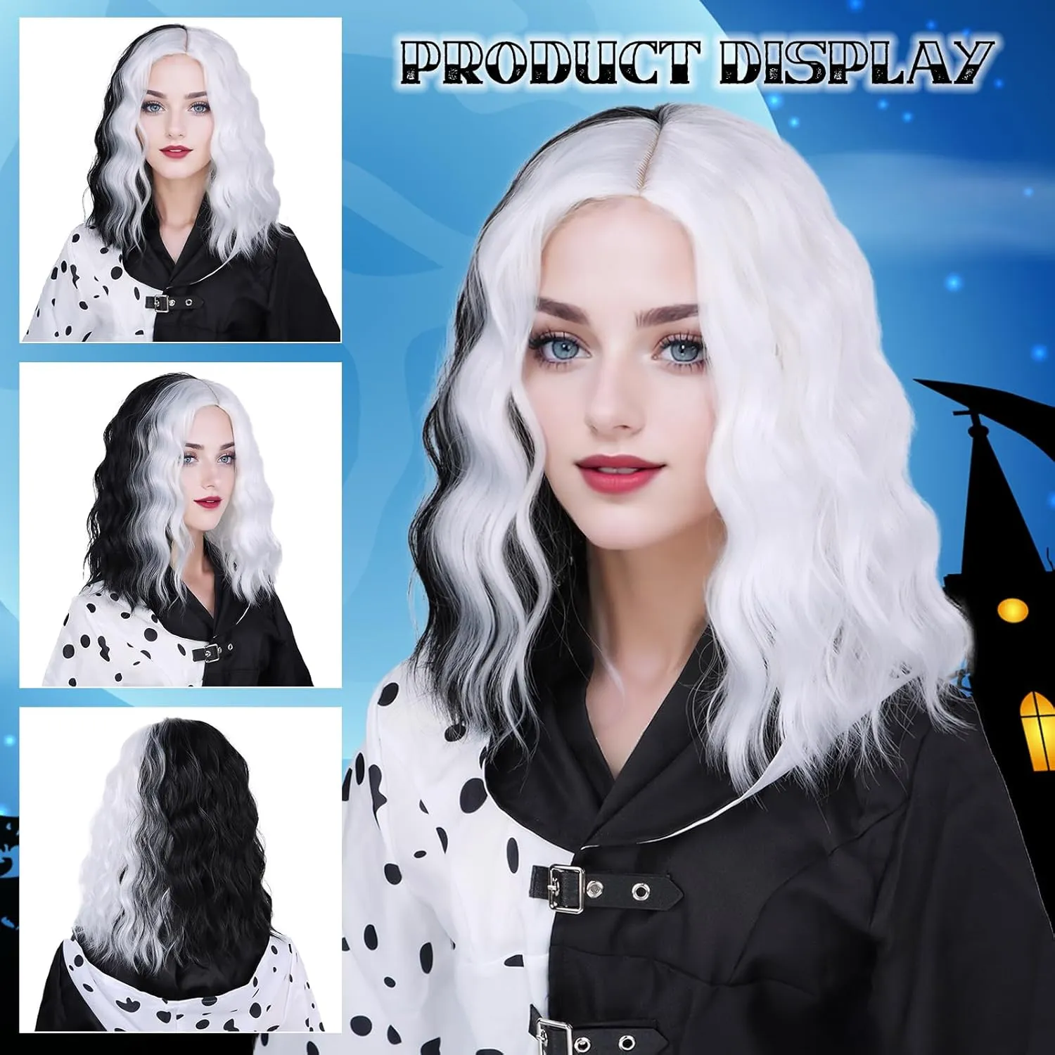 G&T Wig Black and White Wigs for Women's Costume Side Part Half Black Half White Wigs for Halloween Cosplay Party