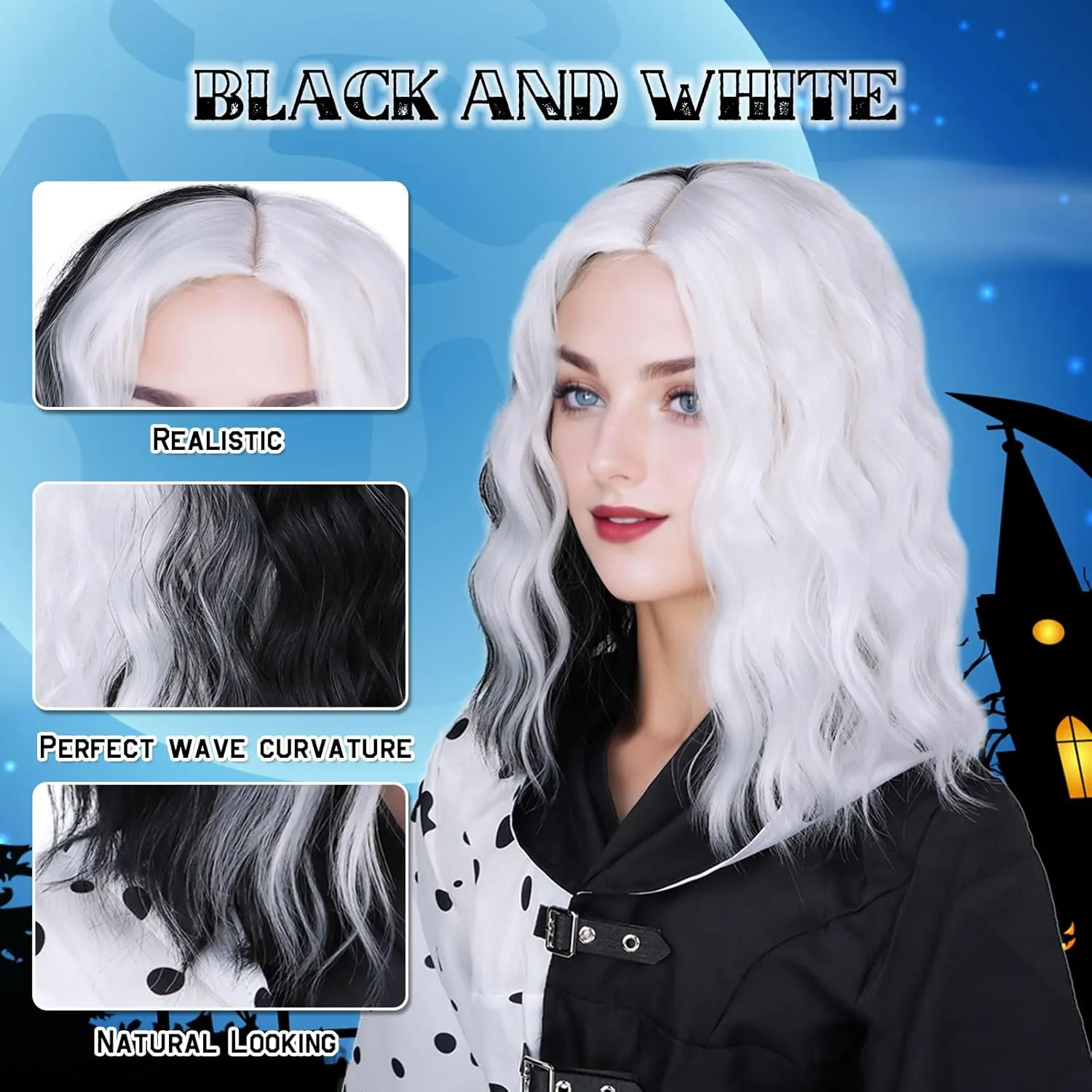 G&T Wig Black and White Wigs for Women's Costume Side Part Half Black Half White Wigs for Halloween Cosplay Party