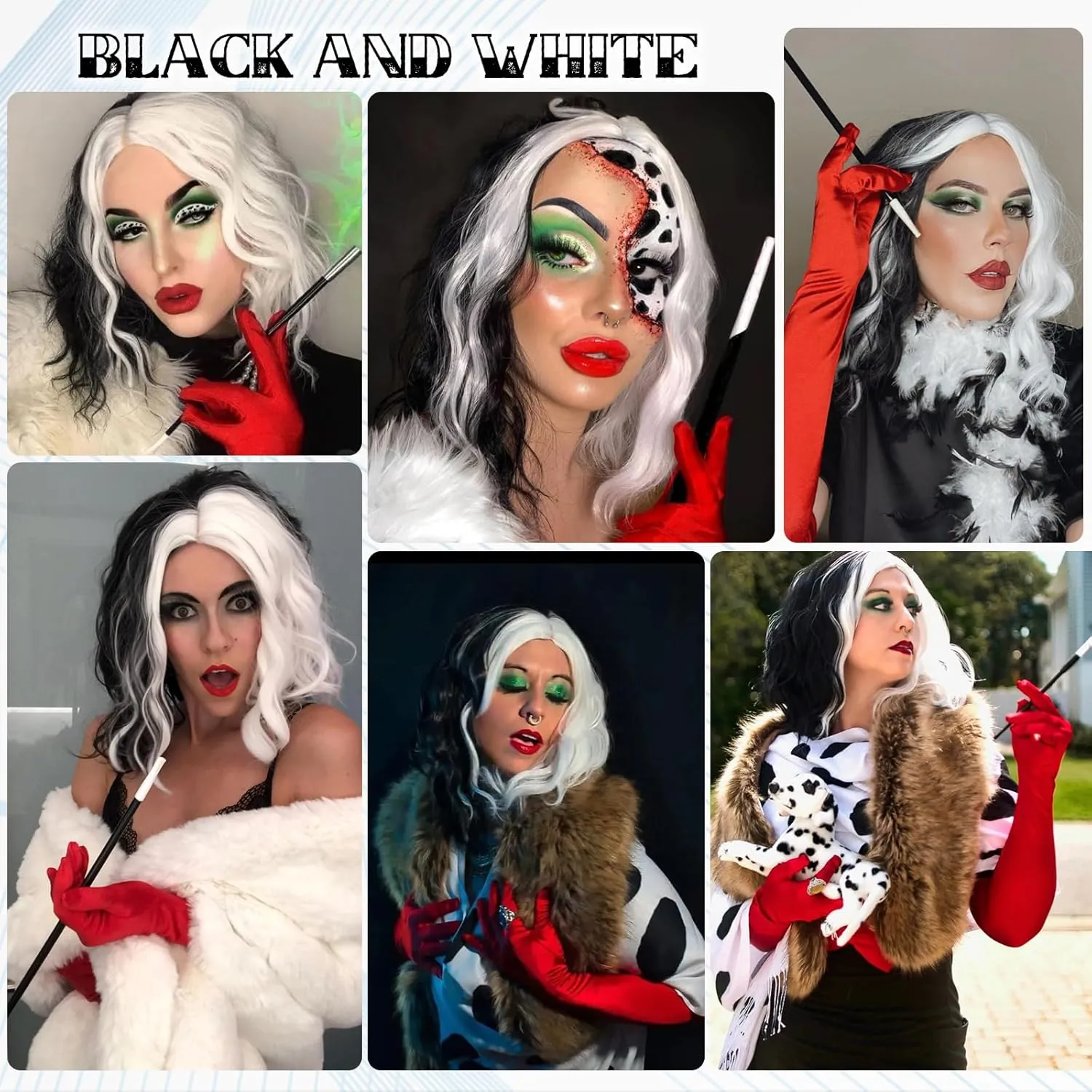 G&T Wig Black and White Wigs for Women's Costume Side Part Half Black Half White Wigs for Halloween Cosplay Party