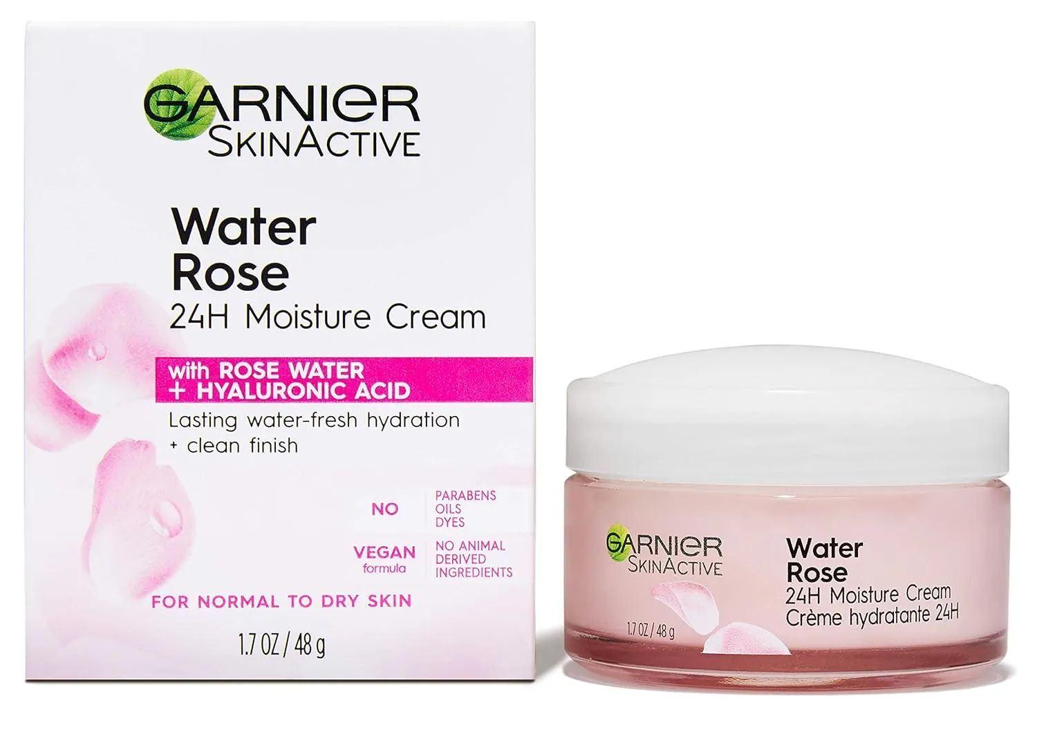 Garnier 24H Moisture Cream with Rose Water and Hyaluronic Acid, Face Moisturizer for Normal to Dry Skin, 1.7 Fl Oz (48g), 1 Count (Packaging May Vary)