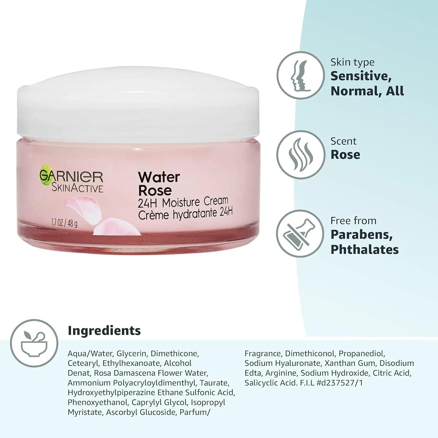 Garnier 24H Moisture Cream with Rose Water and Hyaluronic Acid, Face Moisturizer for Normal to Dry Skin, 1.7 Fl Oz (48g), 1 Count (Packaging May Vary)