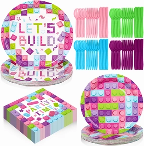Gejoy 96 Pcs Building Block Birthday Party Supplies, Include 7 Inch 9 Inch Brick Party Plates and Napkins Disposable Plastic Spoons Forks Knives for Girls Birthday Decorations Serves 24 (Sweet Color)