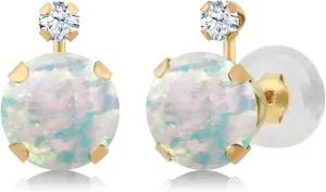 Gem Stone King 1.38 Cttw 14K Yellow Gold 6MM Round Cabouchon White Simulated Opal and 2MM Round White Created Sapphire Earrings | Gold Earrings for Women