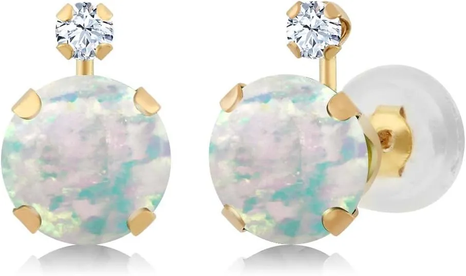 Gem Stone King 1.38 Cttw 14K Yellow Gold 6MM Round Cabouchon White Simulated Opal and 2MM Round White Created Sapphire Earrings | Gold Earrings for Women