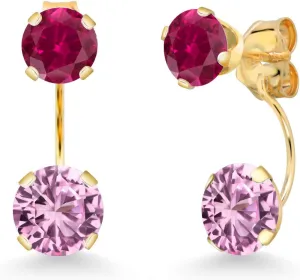 Gem Stone King 14K Yellow Gold Pink Created Sapphire and Red Created Ruby Dual Drop 2 Stone Round Earrings for Women (4.00 Cttw, Gemstone Birthstone, Round 6MM and 5MM)