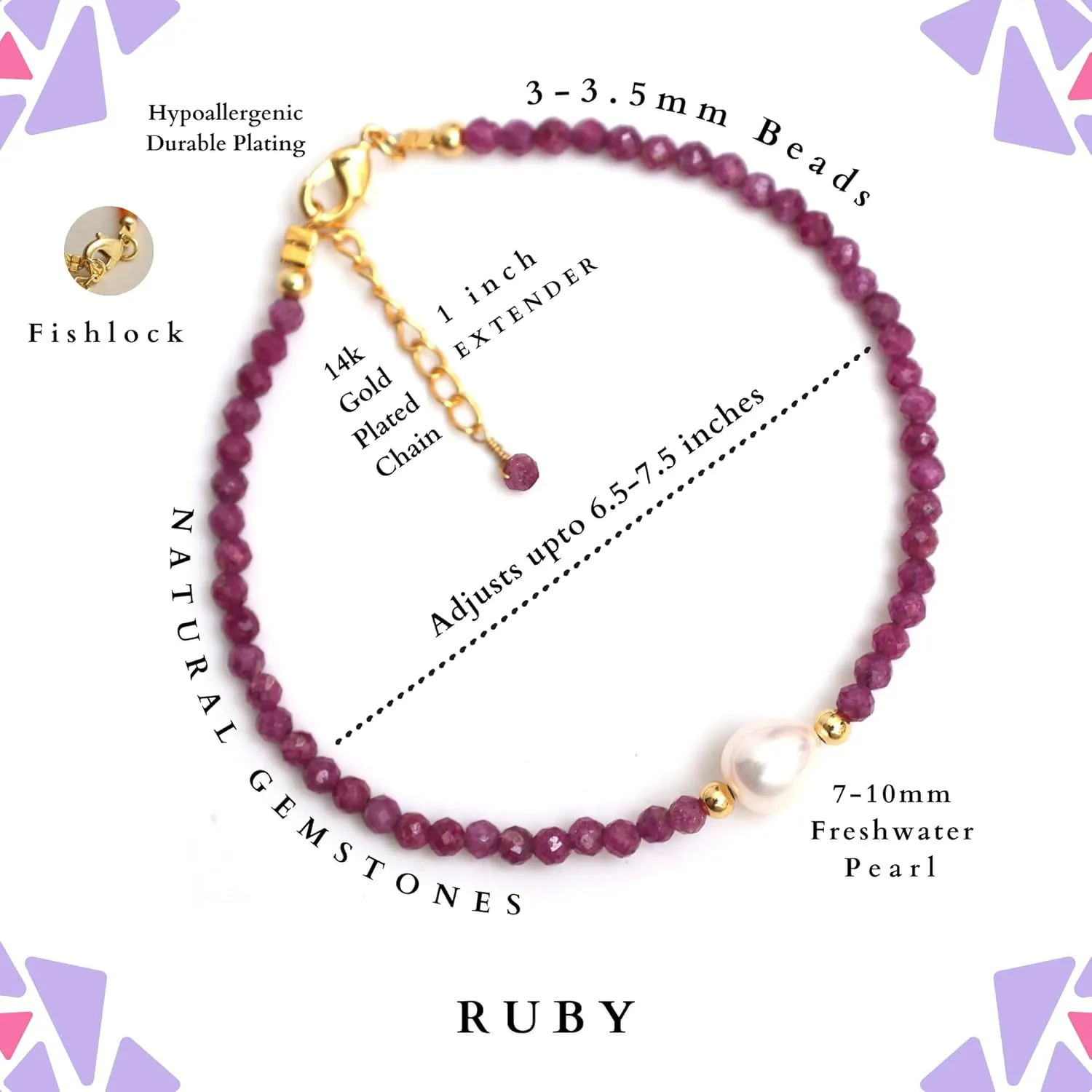 Gempires Pink Ruby Beaded Bracelets with Pearl Choker Crystal Jewelry July Birthstone Gifts 7.5 Inch Gold Plated Lightweight Gemstone Bracelets Gifts for All Occasions