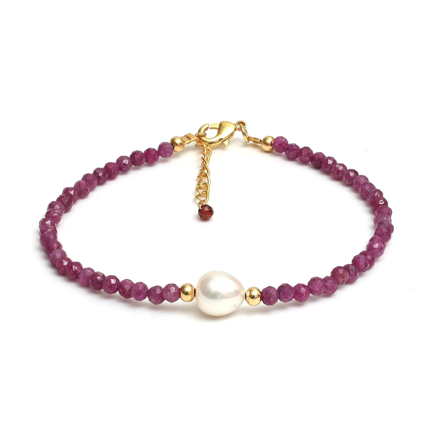 Gempires Pink Ruby Beaded Bracelets with Pearl Choker Crystal Jewelry July Birthstone Gifts 7.5 Inch Gold Plated Lightweight Gemstone Bracelets Gifts for All Occasions