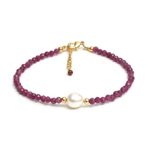 Gempires Pink Ruby Beaded Bracelets with Pearl Choker Crystal Jewelry July Birthstone Gifts 7.5 Inch Gold Plated Lightweight Gemstone Bracelets Gifts for All Occasions