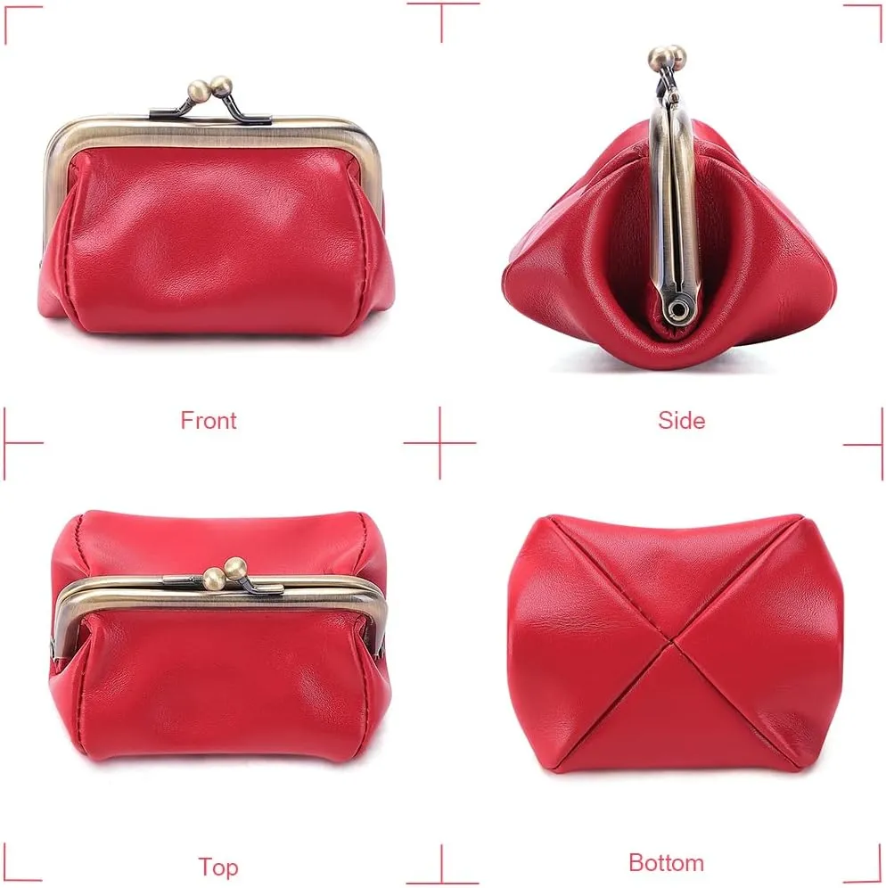 Genuine Leather Mini Vintage Coin Purse Kiss Lock change purse Cute Coin Purse Coin Organizer (Red)
