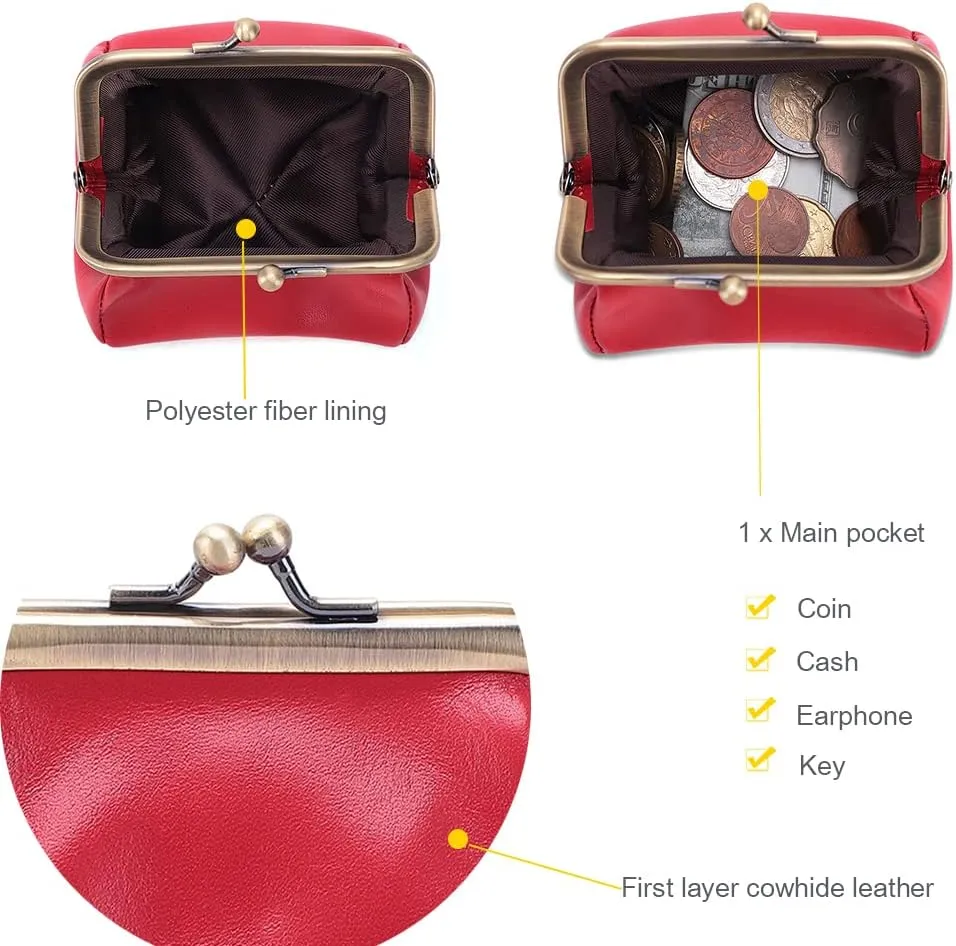 Genuine Leather Mini Vintage Coin Purse Kiss Lock change purse Cute Coin Purse Coin Organizer (Red)