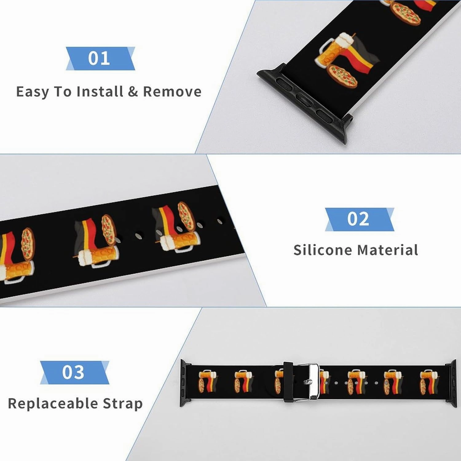 German Flag Beer And Pizza Adjustable Silicone Watchband Compatible with IWatch Classic Soft Sports Watch Strap for Men Women