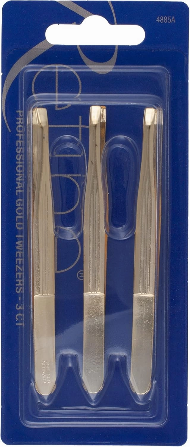 Germany - Professional Gold Tweezers, 24K Gold Plated for Eyebrow Shaping and Tweezing Hair Post-Waxing - 3 ct