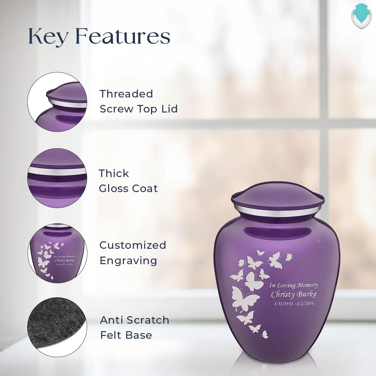 Geturns Embrace Small Personalized Butterfly Cremation Urns for Human Ashes I Purple Funeral Urn for Men and Women I 44 lbs