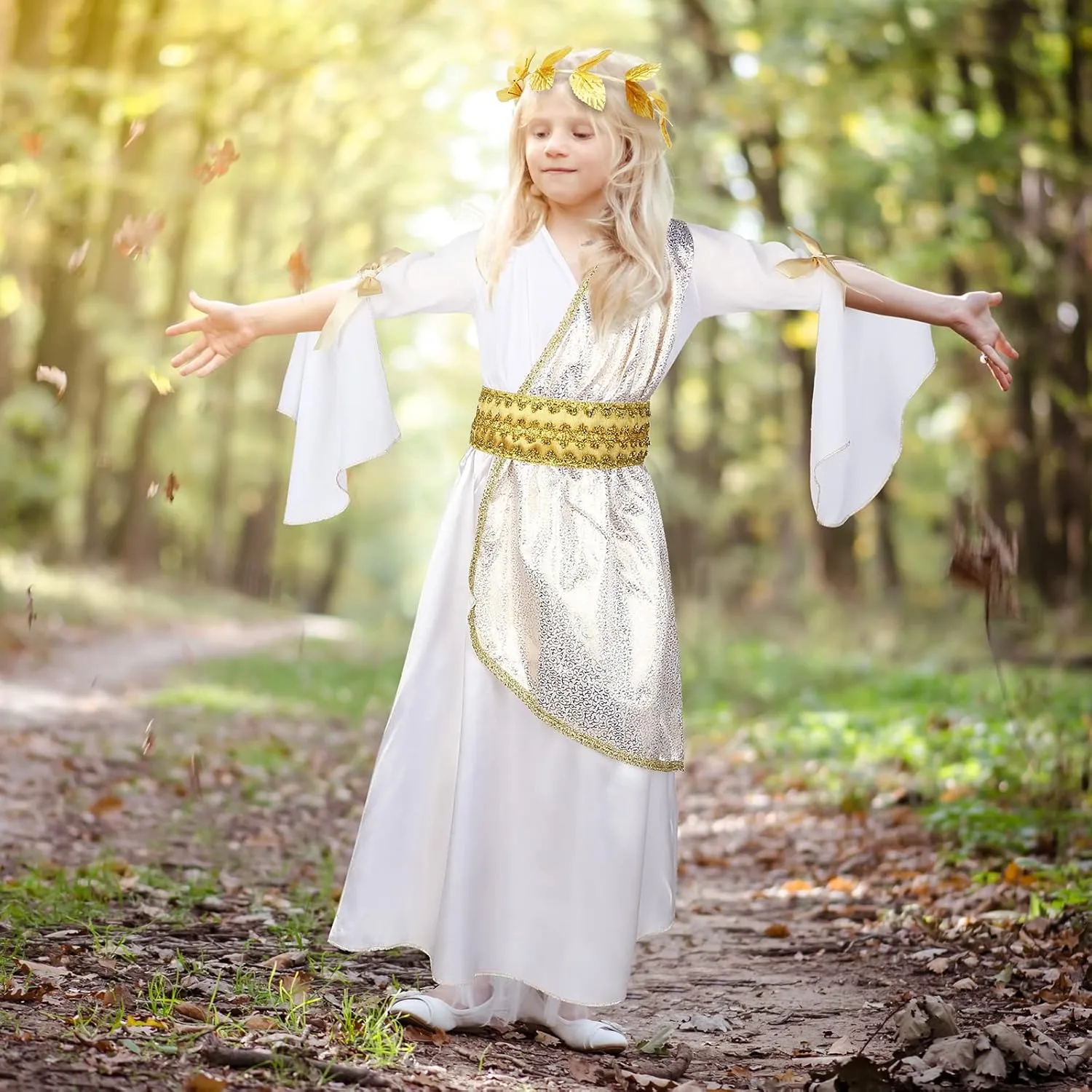 Geyoga 2 Pcs Greek Toga Costume Girls Grecian Roman Costume and Roman Crown Leaf Wreath Halloween