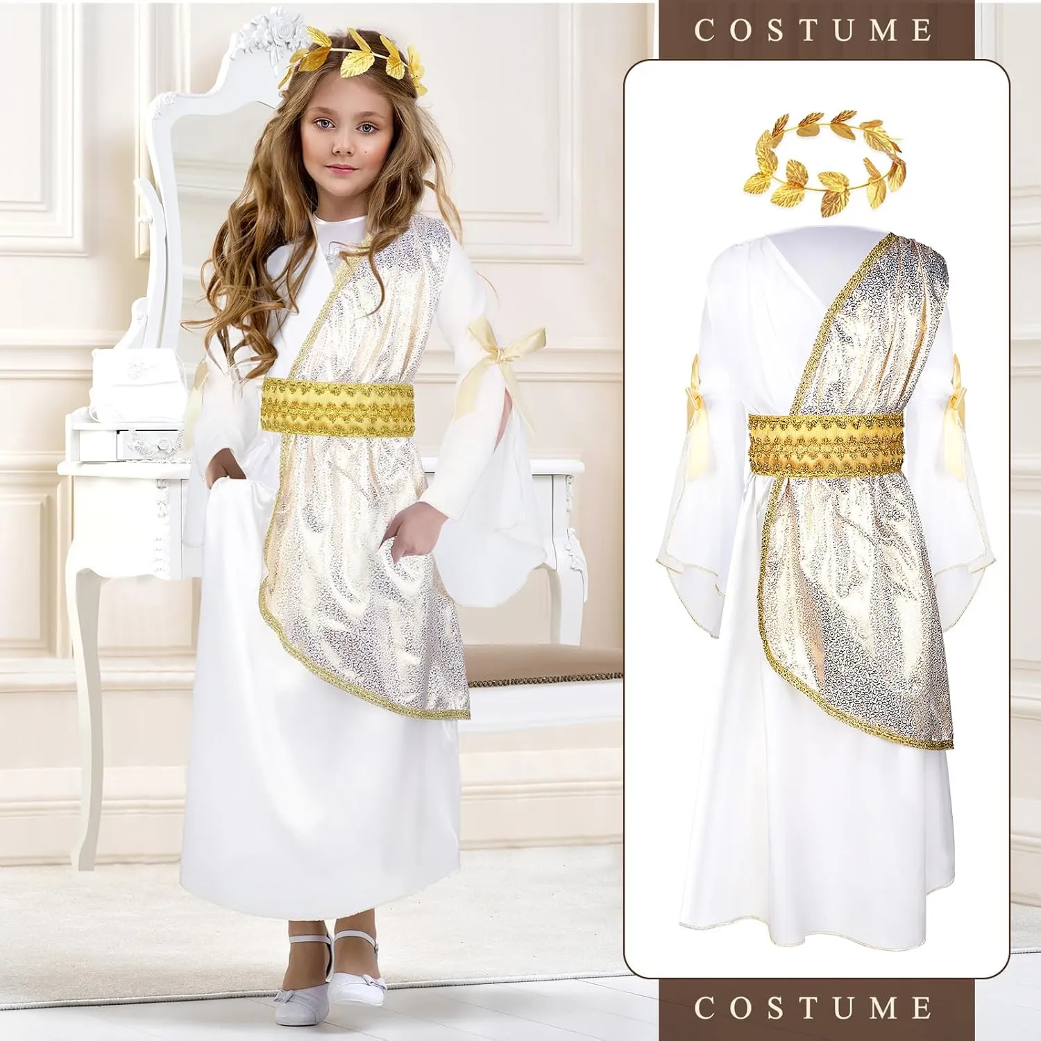 Geyoga 2 Pcs Greek Toga Costume Girls Grecian Roman Costume and Roman Crown Leaf Wreath Halloween