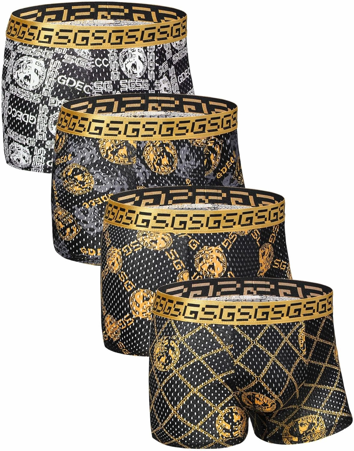 Gift Boxed Men's Underwear Boxer Briefs, Ice Silk Trunks Shorts Underpants, Wicking Breathable Luxury Black Gold